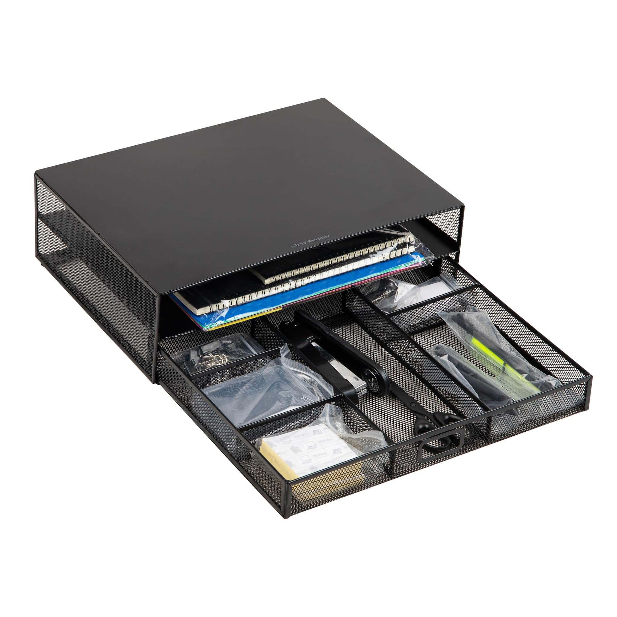 Mind Reader Monitor Stand and Office Supplies, Ventilated Riser, Storage Drawer, Metal Mesh, 15.75"L x 11.75"W x 4.5"H, Black